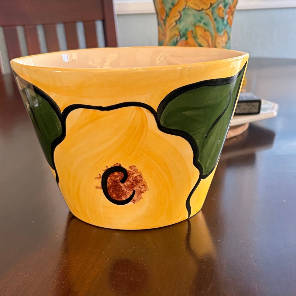 Hand-Painted Vintage Secla From Portugal Yellow Floral Vase